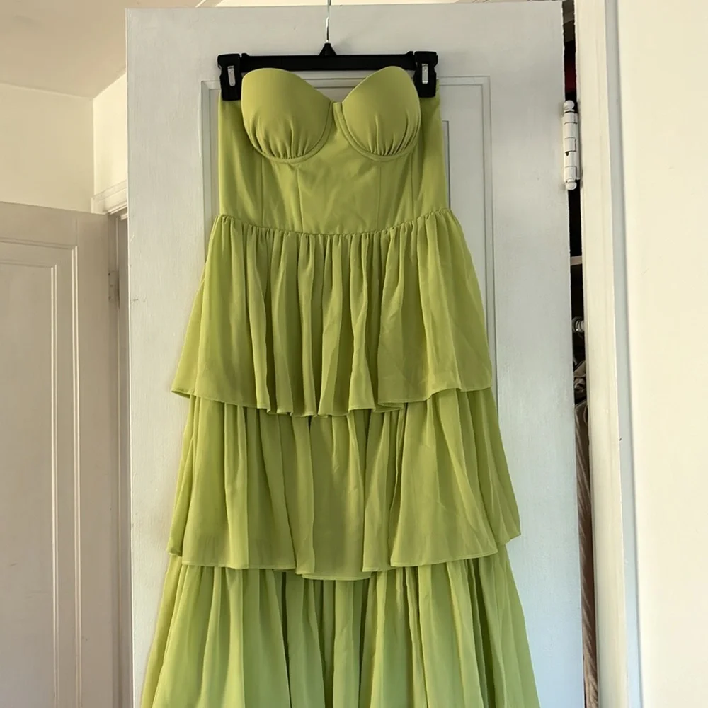 Lovers + Friends Lime Strapless Tiered Ruffle Maxi Dress